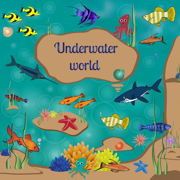 Mundo submarino, dibujos animados, texto, arrecifes de coral bajo el mar, muchos peces de colores brillantes, ilustración vectorial — Vector de stock