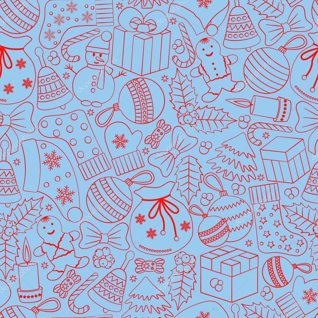 Christmas seamless background with many winter doodles. Greating card. Toys, cookies, snowmen, fir, candies, socks, gifts, bows, snowflakes, stars, hollies, mittens, etc.