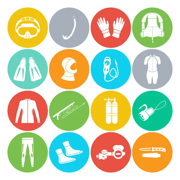 Equipo de buceo. Deporte bajo el agua, mar de agua, guante y linterna, chaqueta, pantalones, traje, calcetines, reguladores, pulpo, máscara y snorkel. Diseño plano de sombra larga. Ilustración vectorial — Vector de stock