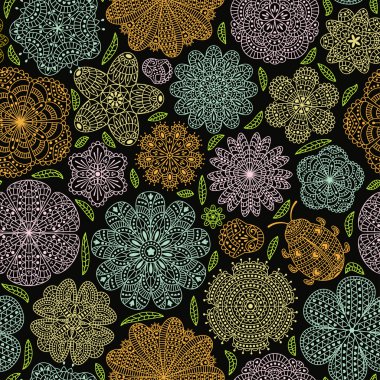 Çiçek ve uğur böceği ile Seamless modeli. Romantik çiçek arka plan. Hafif pastel renkler. Detaylı vektör çizim.