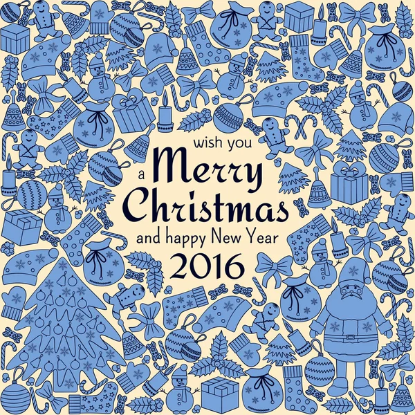 Julkort med texten önskar er en god jul och krans med många vinter doodles. Santa, snögubbar, fir, strumpor, gåvor, pilbågar, snöflingor, hollies, vantar. Bubbla rök bakgrund. — Stock vektor