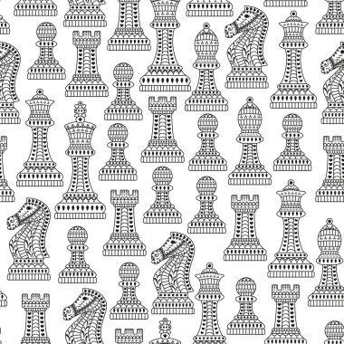 Seamless pattern with all chess pieces. Black and white. Beautiful lace ornament in Indian style. Vector illustration. clipart