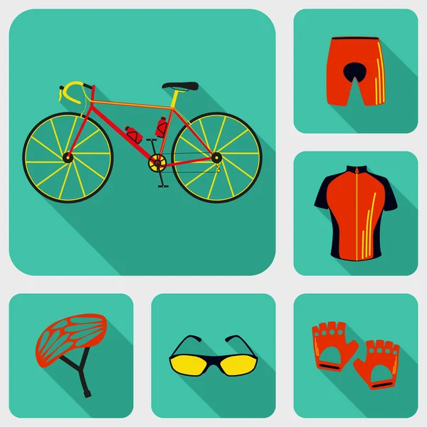 Bisiklet Tekdüzen renkli düz simgeler kümesi. Altı Bisiklet simgeleri, Infographic öğeleri. Düz uzun gölge tasarım. Vektör çizim. Üç numaralı bisiklet ayarla. — Stok Vektör