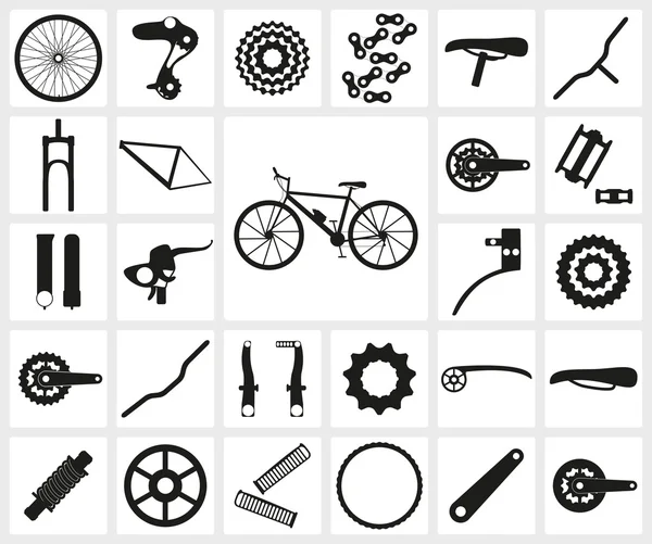 Set of black silhouette icons of bicycle spare parts. Twenty seven icons, infographic elements. Vector illustration — Stock Vector
