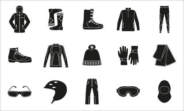 Conjunto de tela y zapatos para deportes de invierno. Diseño de silueta negra. Serie de iconos de esquí . — Vector de stock