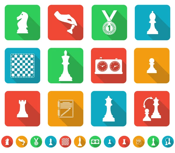 Conjunto de iconos sobre el tema de ajedrez. Diseño plano con sombra larga. Ilustración vectorial . — Vector de stock