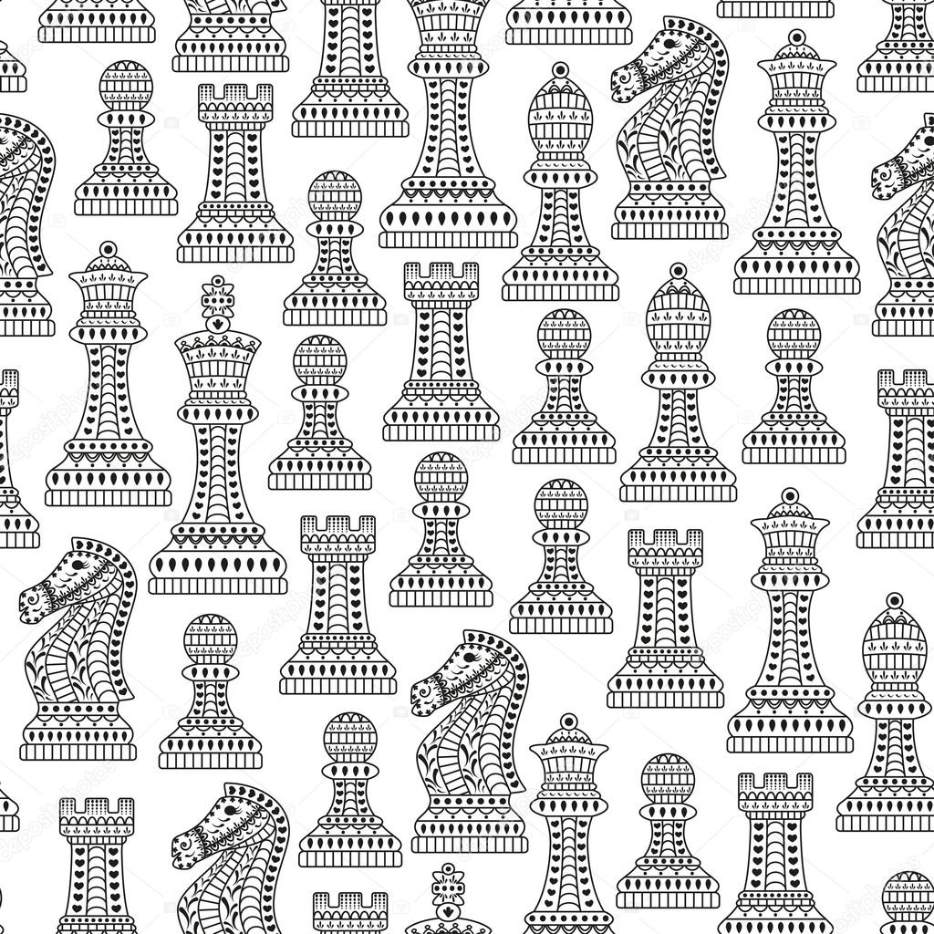 Seamless pattern with all chess pieces. Black and white. Beautiful lace ornament in Indian style. Vector illustration.