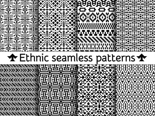 Ensemble de motifs tribaux sans couture. Motifs indiens ou asiatiques américains. Illustration vectorielle noire. Bon pour les cadres, les bordures et comme un fond. Collection géométrique abstraite. Rayures de style ethnique — Image vectorielle