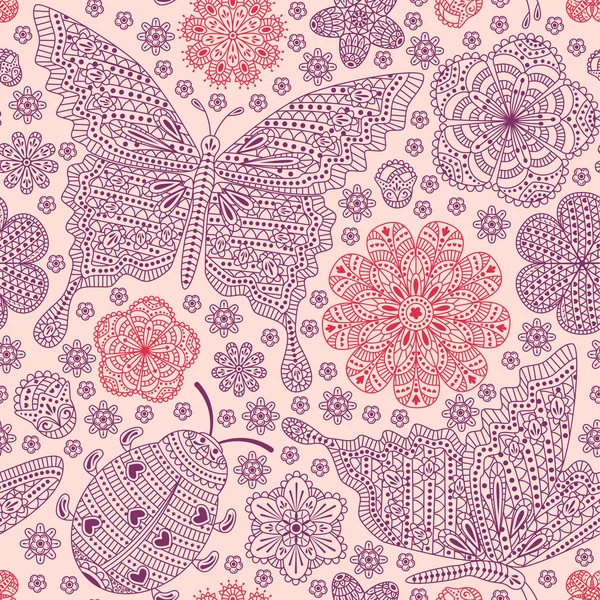 Nahtloses Muster mit Blumen, Marienkäfern und Schmetterlingen. romantischer blumiger Hintergrund. rosa, lila und violette Farben. Detaillierte Vektorillustration. — Stockvektor