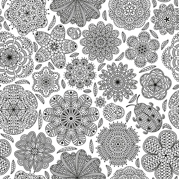 Modèle sans couture avec des fleurs et coccinelle. Fond floral romantique. Couleurs noir et blanc. Illustration vectorielle détaillée . — Image vectorielle