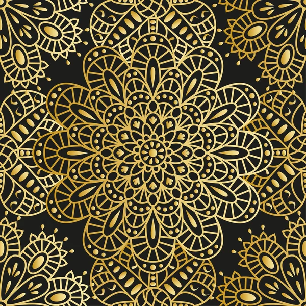 Naadloze etnische patroon met mandala. Arabische floral achtergrond. Gouden en zwarte kleuren. Gedetailleerde vectorillustratie. — Stockvector