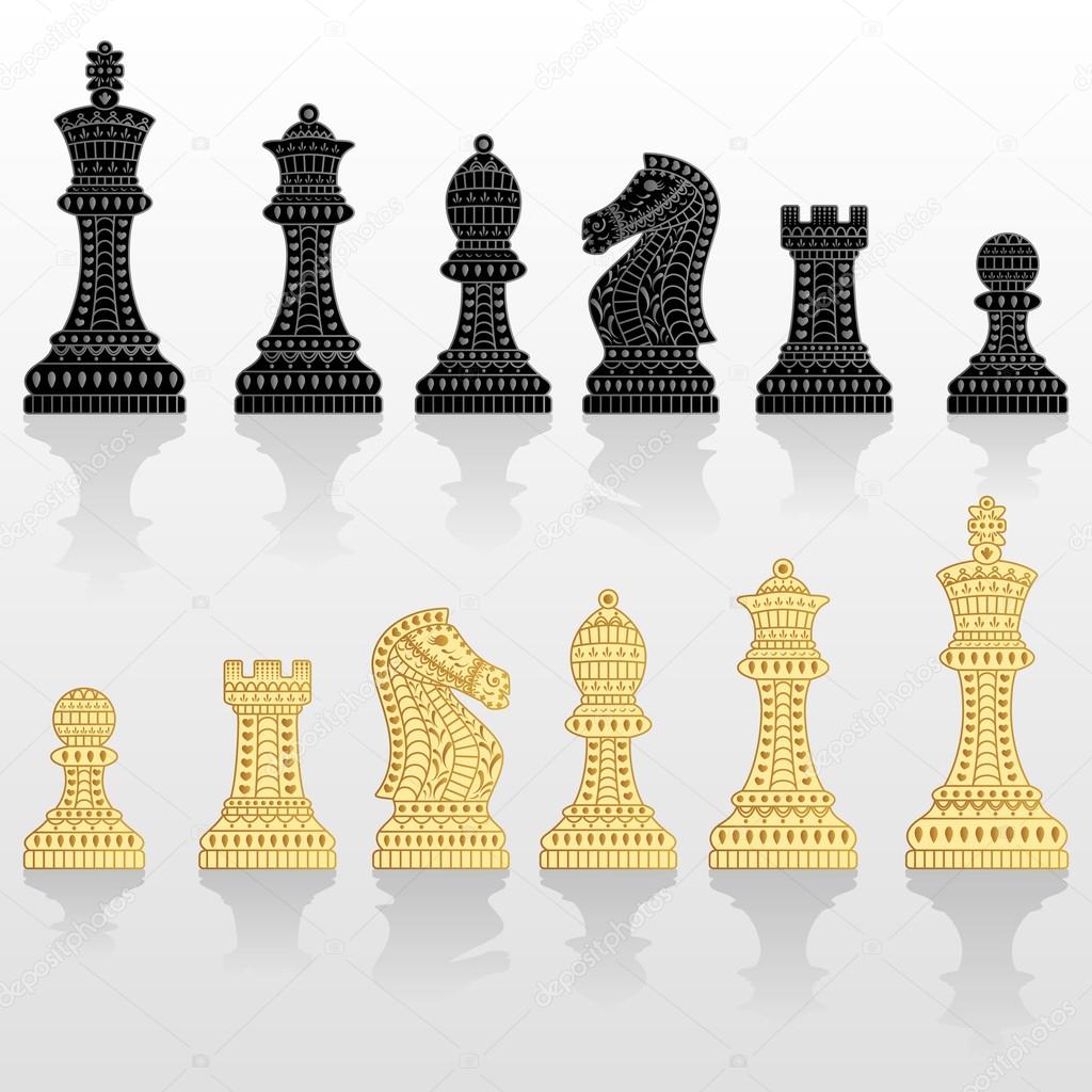 Set of all chess pieces. Black and white. Beautiful lace ornament in Indian style. Vector illustration.