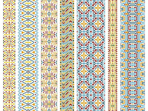 Set of tribal seamless patterns. Stripes in ethnic style. American Indian or asian motifs. Colorful vector illustration. Good for frames, borders and like a background. Abstract geometric collection. — Stock Vector