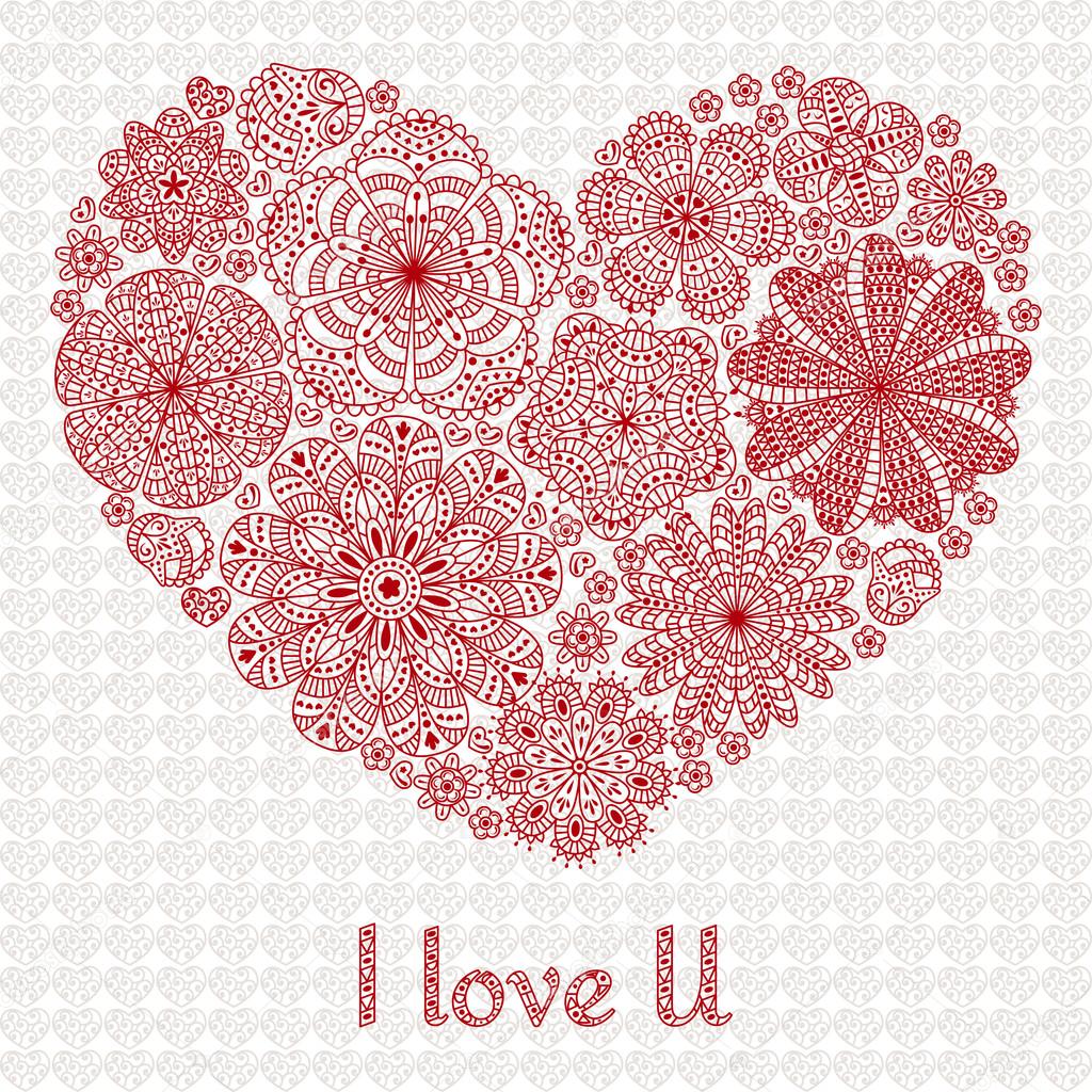 Card design for Valentines day or lowers. Pattern with flowers . Heart shape.  Text I Love U.  Beautiful  floral background. Good for weddings, invitations, birthdays if you are falling in love.