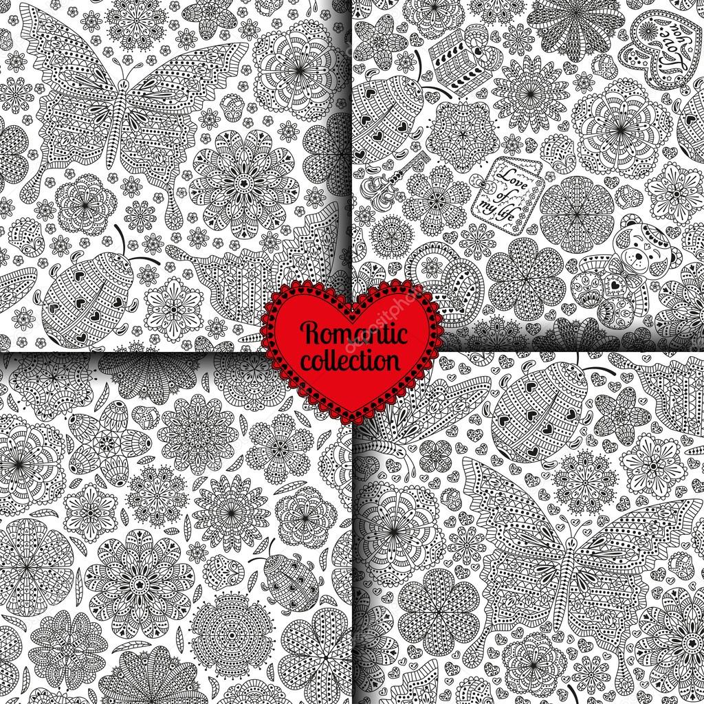 Set of seamless patterns with flowers, ladybugs and butterflies, hearts, cards, bear, gift, and key. Romantic floral backgrounds. Black and white colors. Detailed vector illustration.