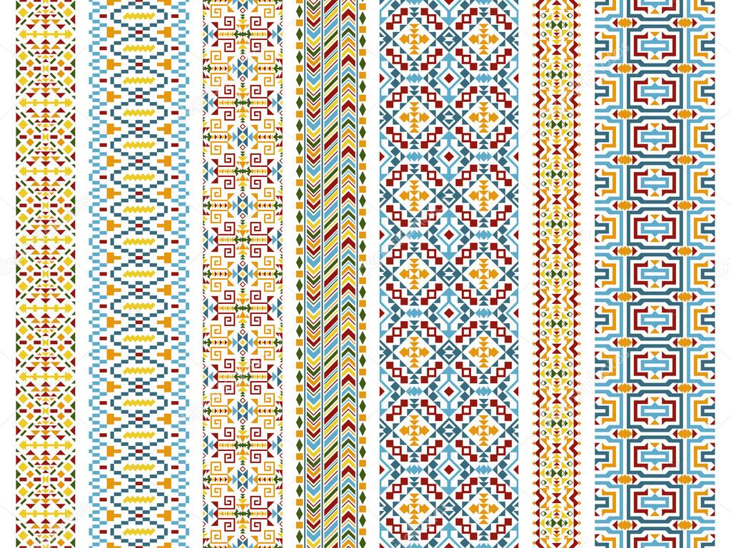 Set of tribal seamless patterns. Stripes in ethnic style. American Indian or asian motifs. Colorful vector illustration. Good for frames, borders and like a background. Abstract geometric collection.