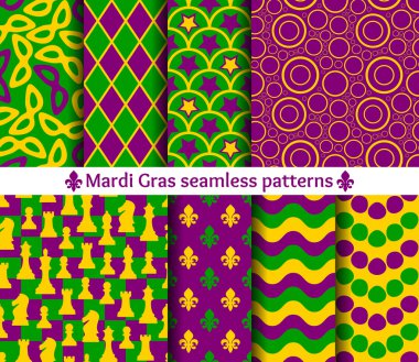 Set of seamless patterns for Mardi Gras. Traditional colors. Mask, chess, fleur de lis, circle and wave. clipart