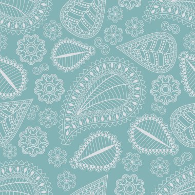 Seamless pattern in Indian style.  Turquoise ethnic ornament with flowers and paisleys.