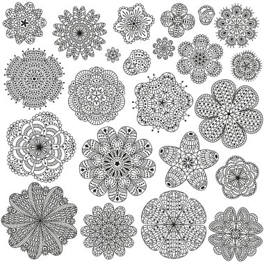 Set of creative flowers for your design. Romantic floral patterns. Black and white colors. Detailed vector illustration. Hand drawn elements.