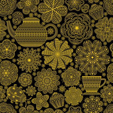 Seamless pattern with teapot, cup, saucer, muffins, floral elements and ladybug. Romantic flower background. Golden color. Botanic  texture for kitchen wallpaper. Detailed vector illustration.