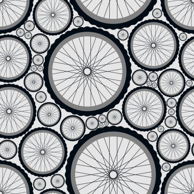 Seamless pattern with bike wheels. Bicycle wheels with tires, rims and spokes. Gray vector illustration.