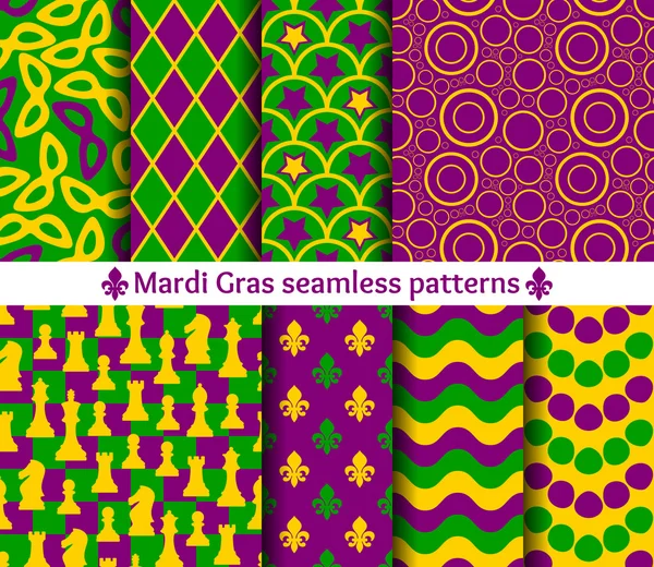 Conjunto de patrones sin costura para el Mardi Gras. Colores tradicionales. Máscara, ajedrez, flor de lis, círculo y ola . — Vector de stock