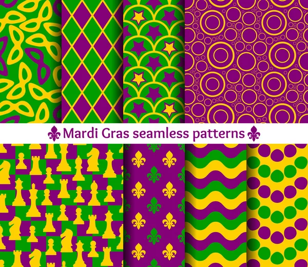 Varrat nélküli minták sor Mardi Gras. Hagyományos színeket. Maszk, a sakk, a fleur de lis, a kör és a hullám. — Stock Vector