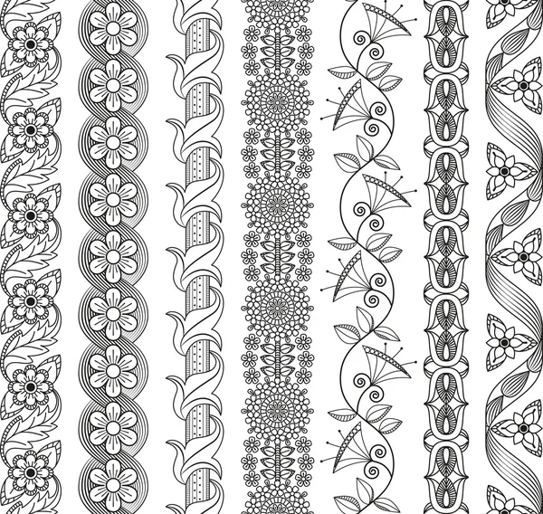 Vector set of floral elements for ethnic decor. Seamless patterns for frames, borders and backgrounds. Detailed decorative motifs. Black and white colors. — Stock Vector