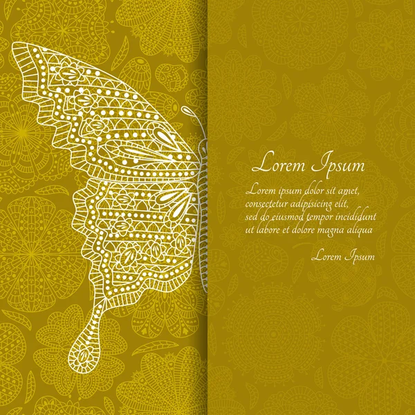 Romantic floral background with butterfly and place for your text. Pattern with flowers and ladybug at the back. Golden, yellow detailed vector illustration. — Stockový vektor