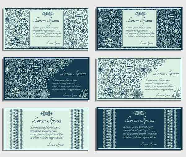 Conjunto de tarjetas de invitación azules con paisley marrón y elementos florales. Bueno para viudas, fiestas, aniversarios, etc. . — Vector de stock