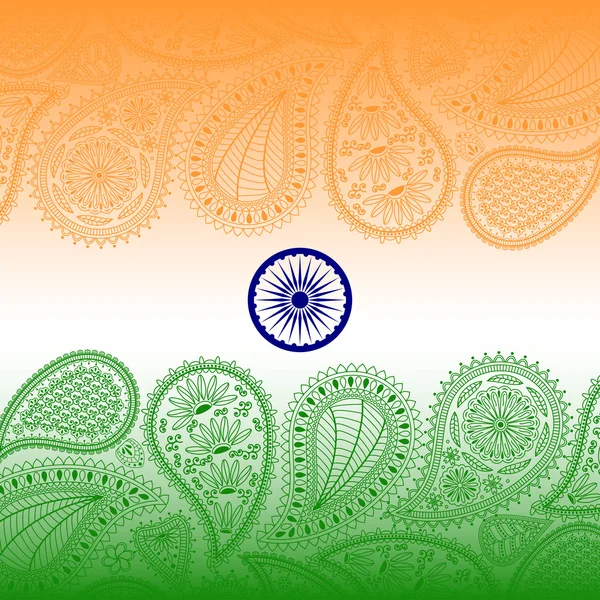 Поздравительная открытка с элементами пейсли. Флаг Индии. Хорошо подходит для приглашений с Днем независимости в Индии. Оранжевый, зеленый и синий цвета . — стоковый вектор