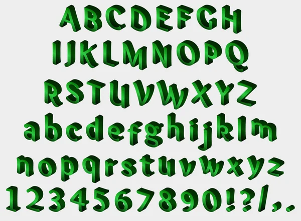 Green isometric font on gray background. Alphabet, numbers and punctuation marks. Vector illustration — Stockvector