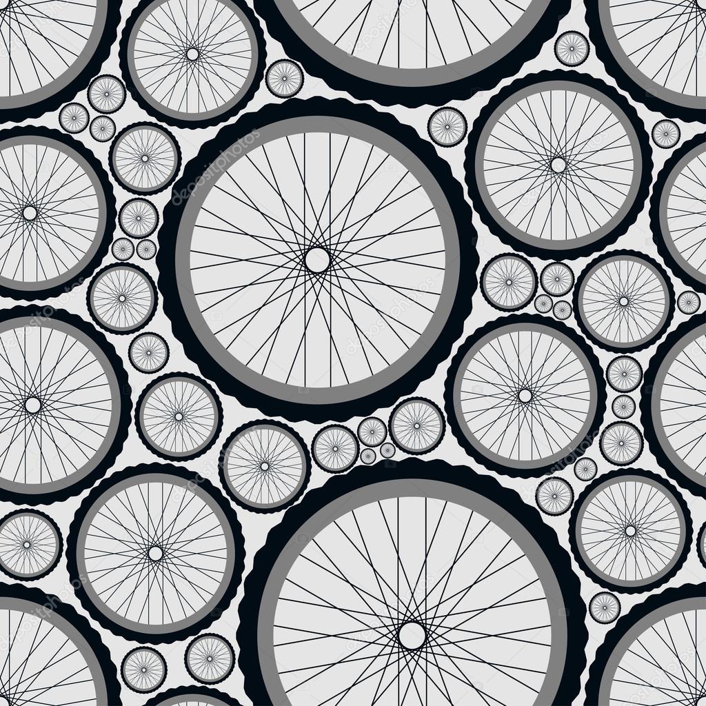 Seamless pattern with bike wheels. Bicycle wheels with tires, rims and spokes. Gray vector illustration.