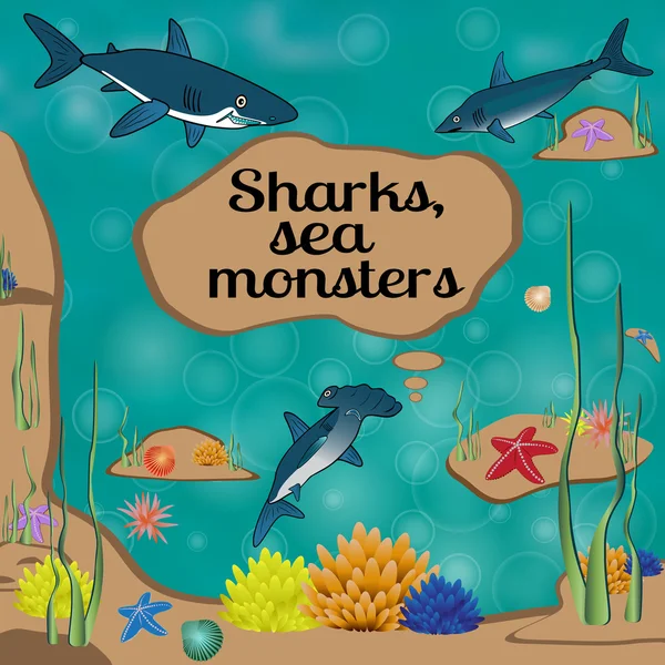 Cartel de dibujos animados con tiburones y lugar para su texto . — Vector de stock