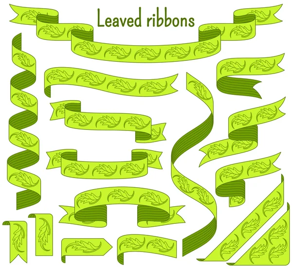 Cartoon stripped ribbons with leaves. Floral decorative motifs. Green colors — ストックベクタ