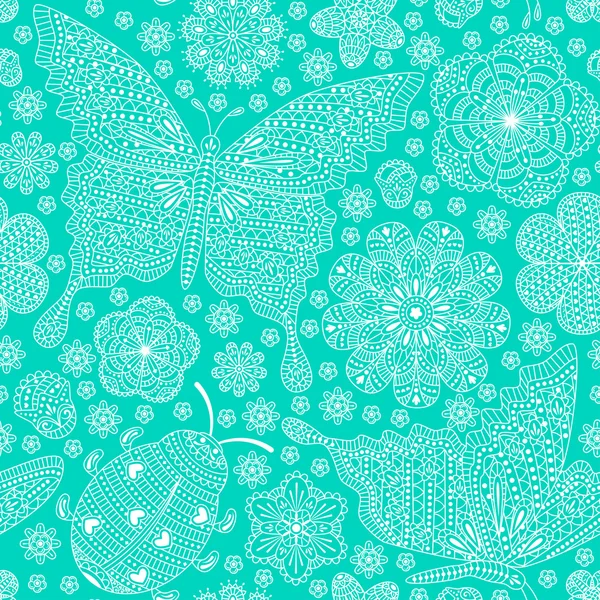 Modèle sans couture avec des fleurs, coccinelle et papillons. Fond floral romantique. Couleurs turquoise et blanche. Illustration vectorielle détaillée . — Image vectorielle