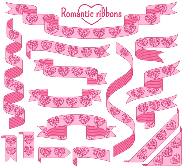 Cartoon stripped ribbons with hearts. Floral decorative motifs. Pink colors — ストックベクタ