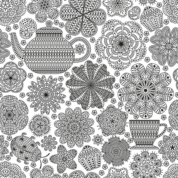 Seamless pattern with teapot, cup, saucer, muffins, floral elements and ladybug. Romantic flower background. Black and white color. Botanic  texture for kitchen wallpaper. Detailed illustration. — Stock Vector