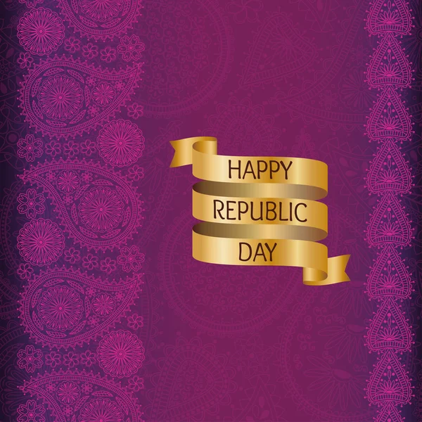 Grußkarte mit Paisley-Elementen. Flagge Indiens. Goldene Schleife mit Text glücklicher Tag der Republik. gut für Einladungen zum Tag der Republik und zum Unabhängigkeitstag in Indien. violette Farben. — Stockvektor