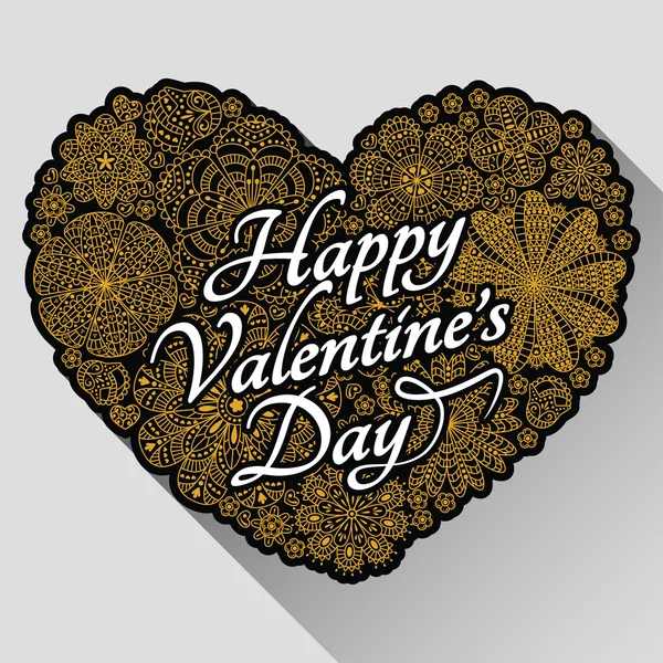 Diseño de tarjetas para el día de San Valentín. Patrón con flores. Forma de corazón. Fondo de letras florales doradas. Texto Feliz día de San Valentín — Vector de stock
