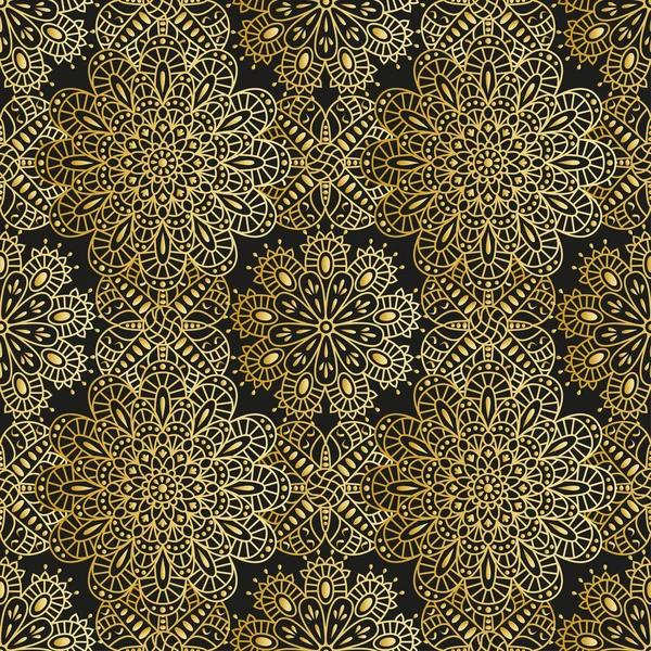 Naadloze etnische patroon met mandala. Arabische floral achtergrond. Gouden en zwarte kleuren. Gedetailleerde vectorillustratie. — Stockvector