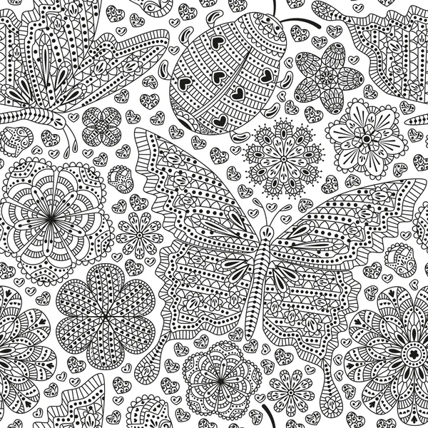 Seamless pattern with flowers, hearts and butterflies. Romantic floral background in black and white colors. Detailed vector illustration — Stock Vector