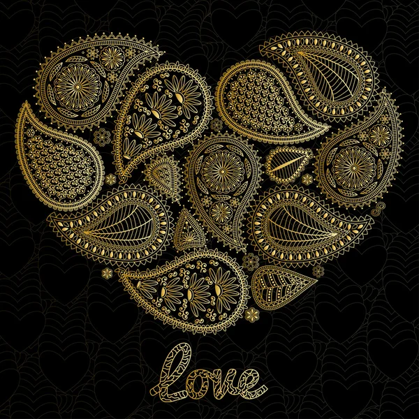 Floral paisley background with ethnic ornament and heart shape. Romantic design in blue colors and text Love. Greeting card. Vector illustration. — Stok Vektör