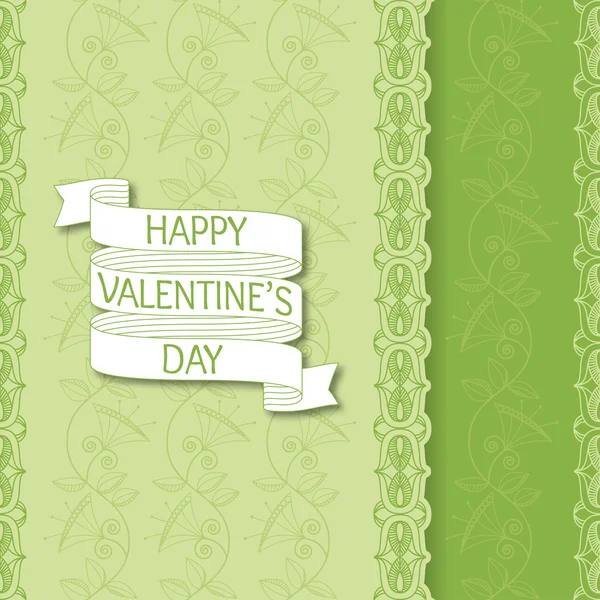 Seamless floral striped pattern. Cartoon ribbon with text Happy Valentines Day. Good for banners, cards, backgrounds. Detailed decorative motif. Elements for ethnic decor. Green colors — 图库矢量图片#