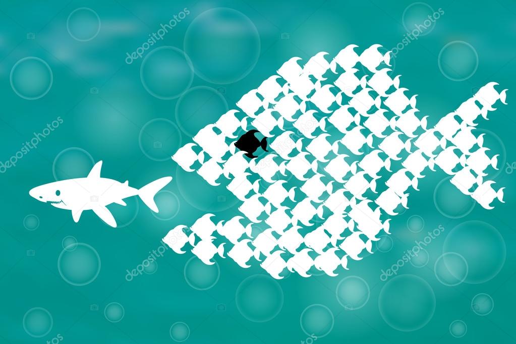 Teamwork Concept Illustration with Big Fish chasing Small fish