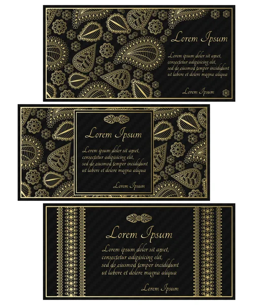 Set of black invitation cards with golden paisley. Carbon texture and floral elements. Good for widdings, parties, anniversaries, etc. — Stock Vector