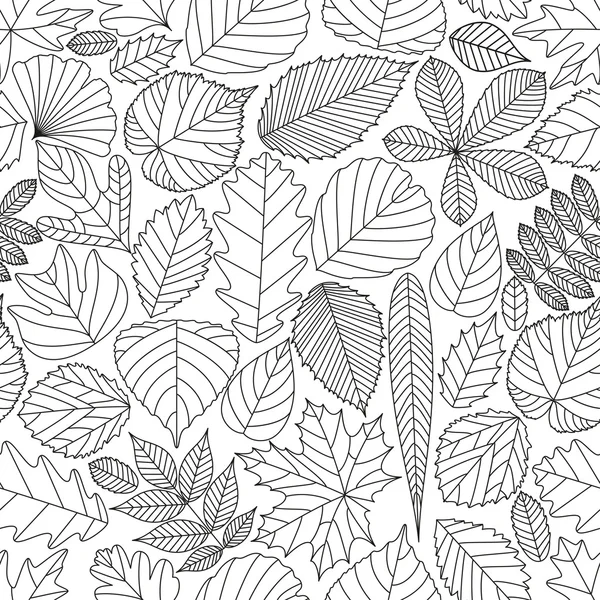 Patrón sin costura con hojas de árbol. Varios elementos para el diseño. Ilustración vectorial de dibujos animados. Colores blanco y negro. Fondo de otoño — Vector de stock