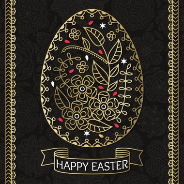 Paskalya Paskalya yumurtası ve Kenarlıklar desenle. Çiçek arka arka plan. Çizgili şerit üzerindeki metin mutlu paskalyalar. Altın tasarım. Vektör çizim.