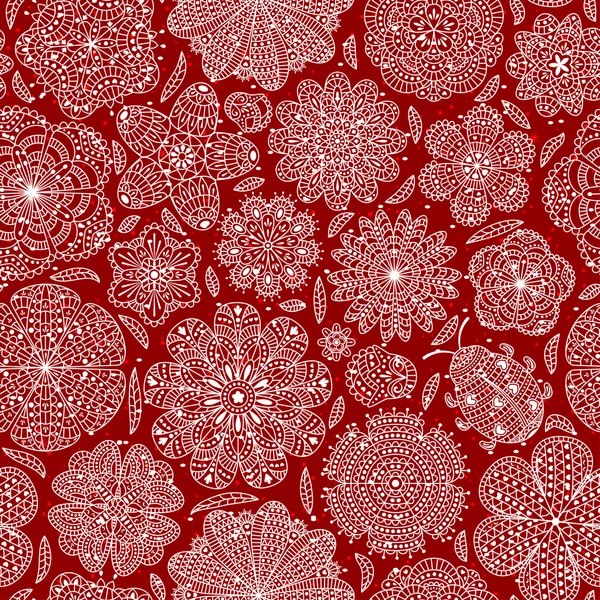 Nahtloses Muster mit Blumen und Marienkäfer. romantischer blumiger Hintergrund. rote Farben. Detaillierte Vektorillustration. — Stockvektor