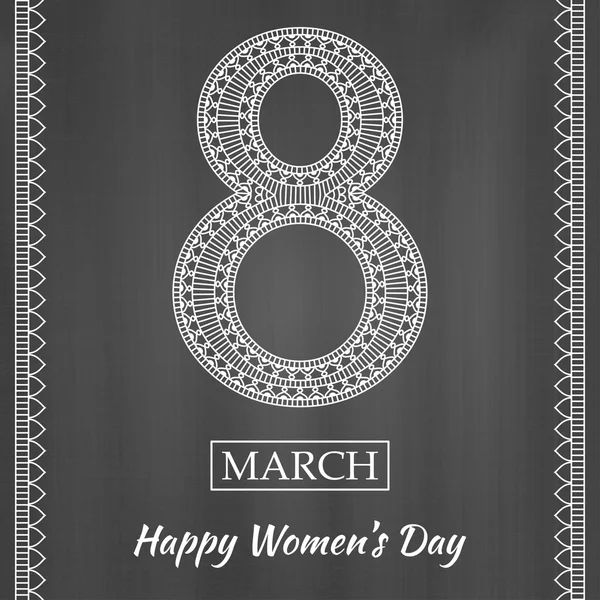 Womens Day greeting card. Beautiful crochet figure eight, text 8 March, Happy Womens Day, ornamental borders, chalkboard background at the back. Vector illustration. — Stock Vector